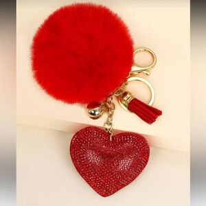 Christmas/Valentine’s Day rhinestone, heart and red pom-pom keychain/bag charm
